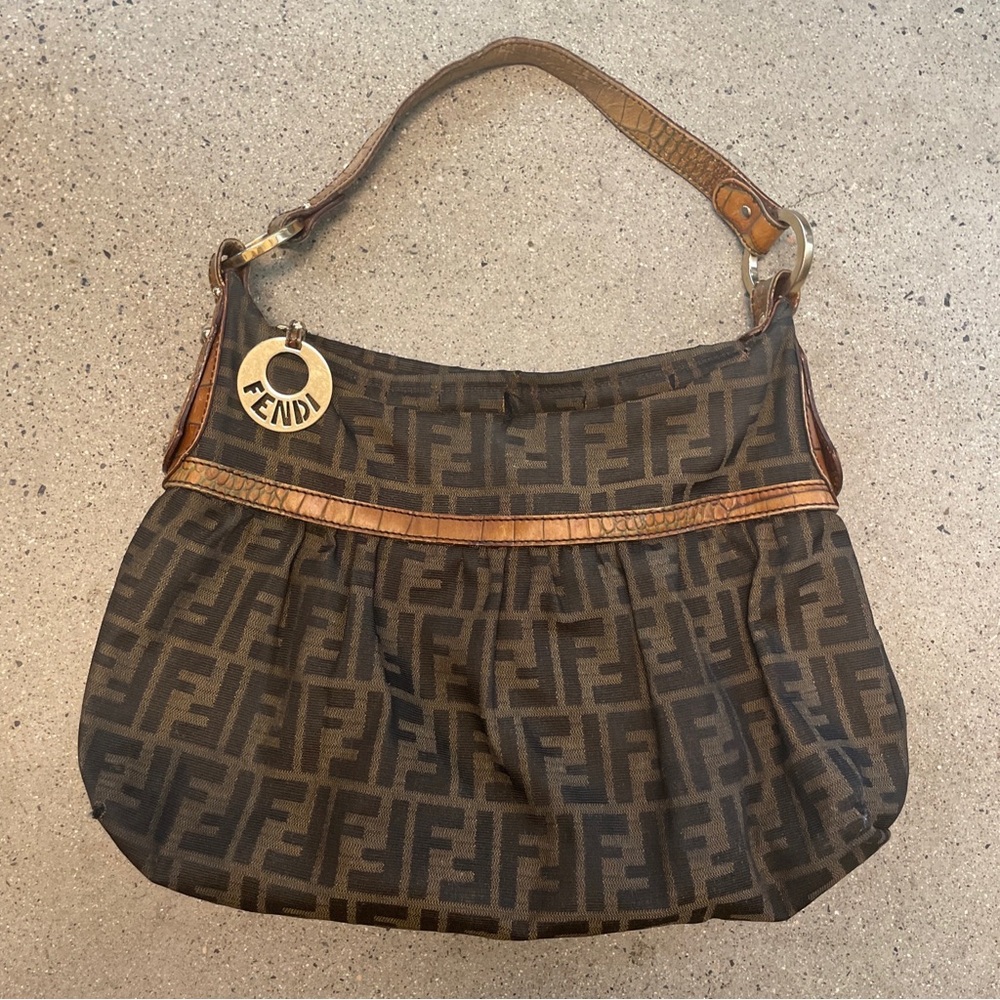Womens Fendi Zucca Pattern Leather Switching Handbag Monogram Brw Whole Patte